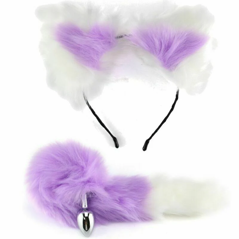 FAUX PURPLE AND WHITE FOX TAIL WITH EARS ANAL PLUG SET - Image 3