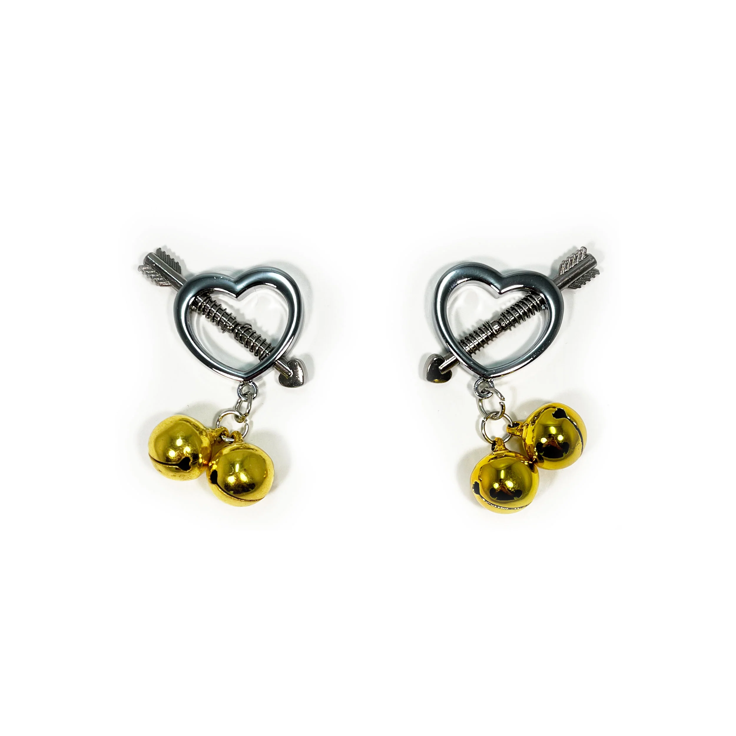 Fetish Pleasure Play Nipple Clamp Cupid Heart w/Bells - Gold