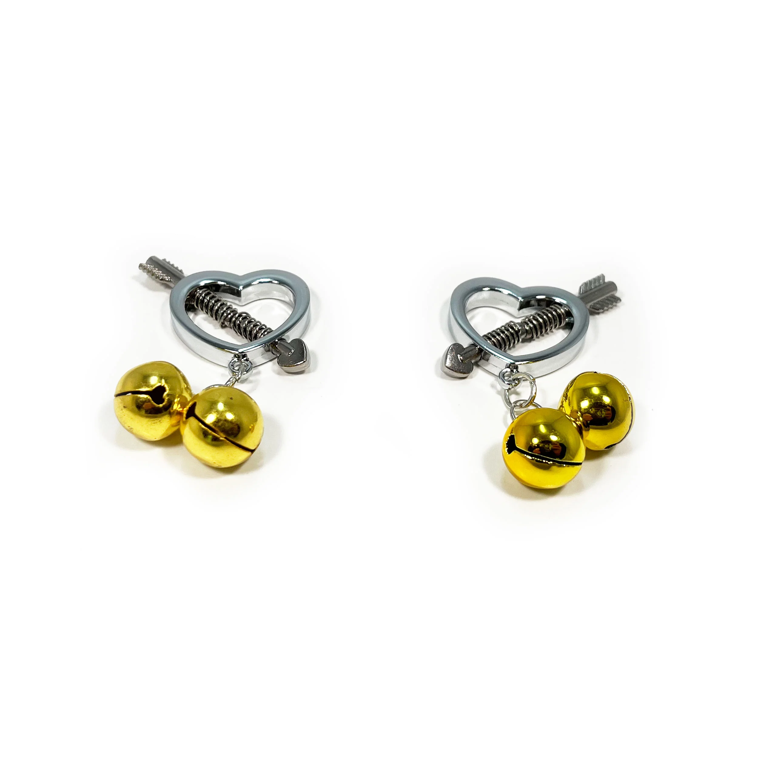 Fetish Pleasure Play Nipple Clamp Cupid Heart w/Bells - Gold - Image 4