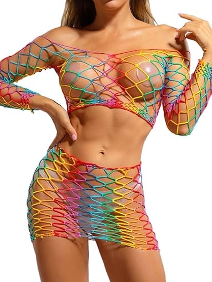 Rainbow Fishnet 2-Piece Top and Skirt Set in S/M - Image 2
