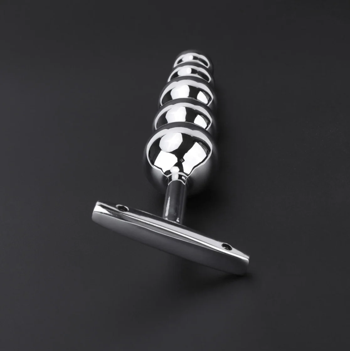 STAINLESS STEEL BEADED ANAL MASSAGING PLUG WITH HANDLE - Image 4
